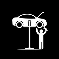 Car on lift and mechanic silhouette icon, vector. Car service repair simple black illustration.